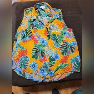 Tropical Print button down sleeveless shirt